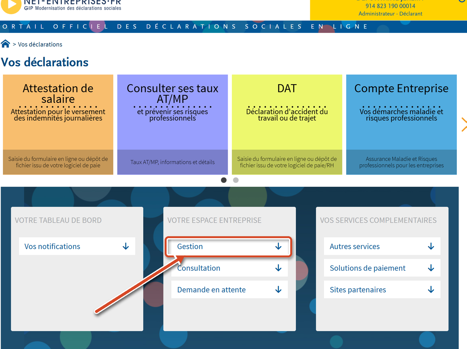 Page d'accueil Net-Entreprises : bouton Gestion dans le bloc Votre espace entreprise