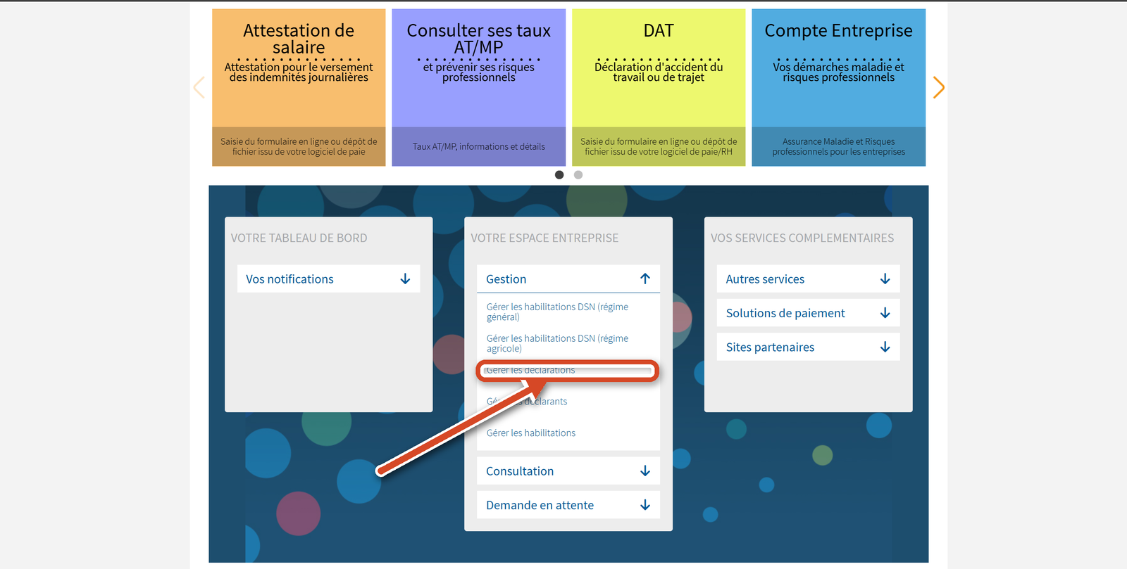 Menu Gestion déroulé, lien Gérer les déclarations
