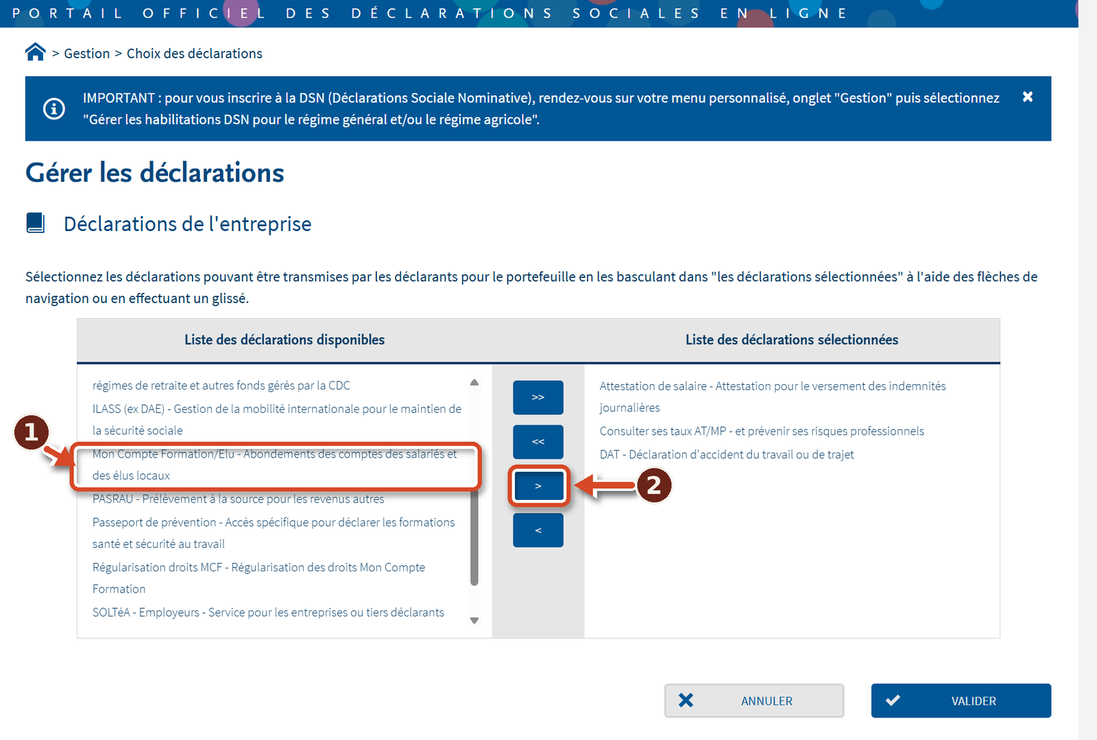 Sélection du service Mon Compte Formation puis clic sur le 3e bouton pour basculer le service sélectionné