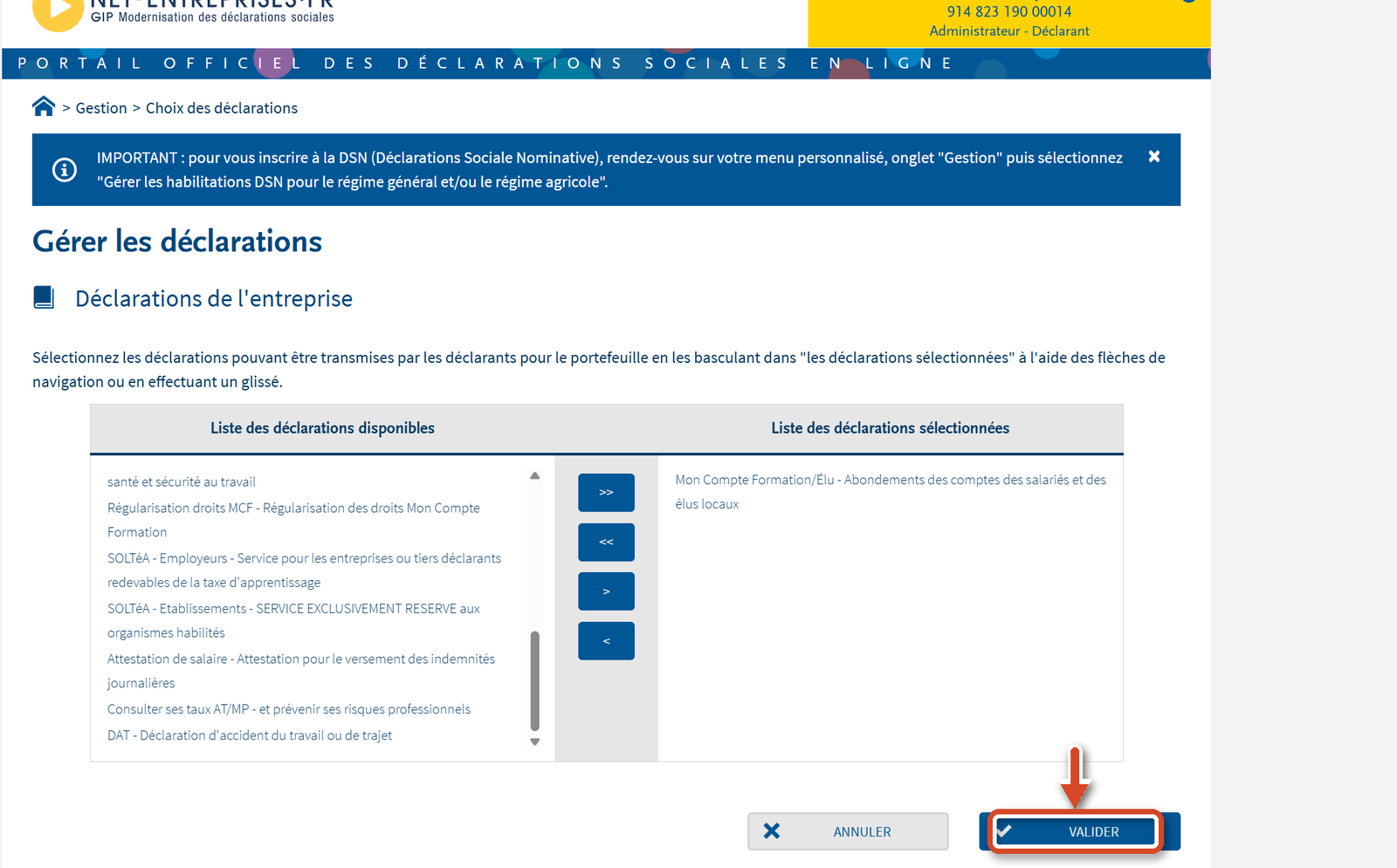 Le service Mon Compte Formation ajouté à droite, bouton Valider